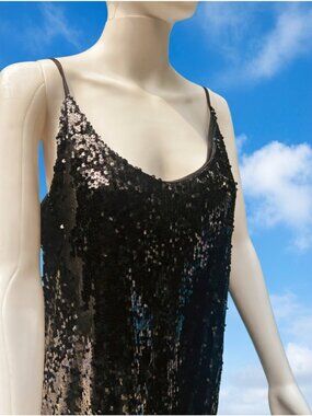 Black Sequin Slip Dress With  Spaghetti Straps Party Cocktail Wear